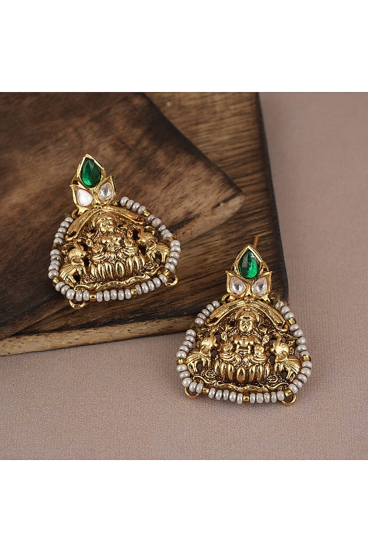 Antique Gold Finish Pearl & Green Stone Temple Dangler Earrings by SMARS JEWELRY at Pernia's Pop Up Shop