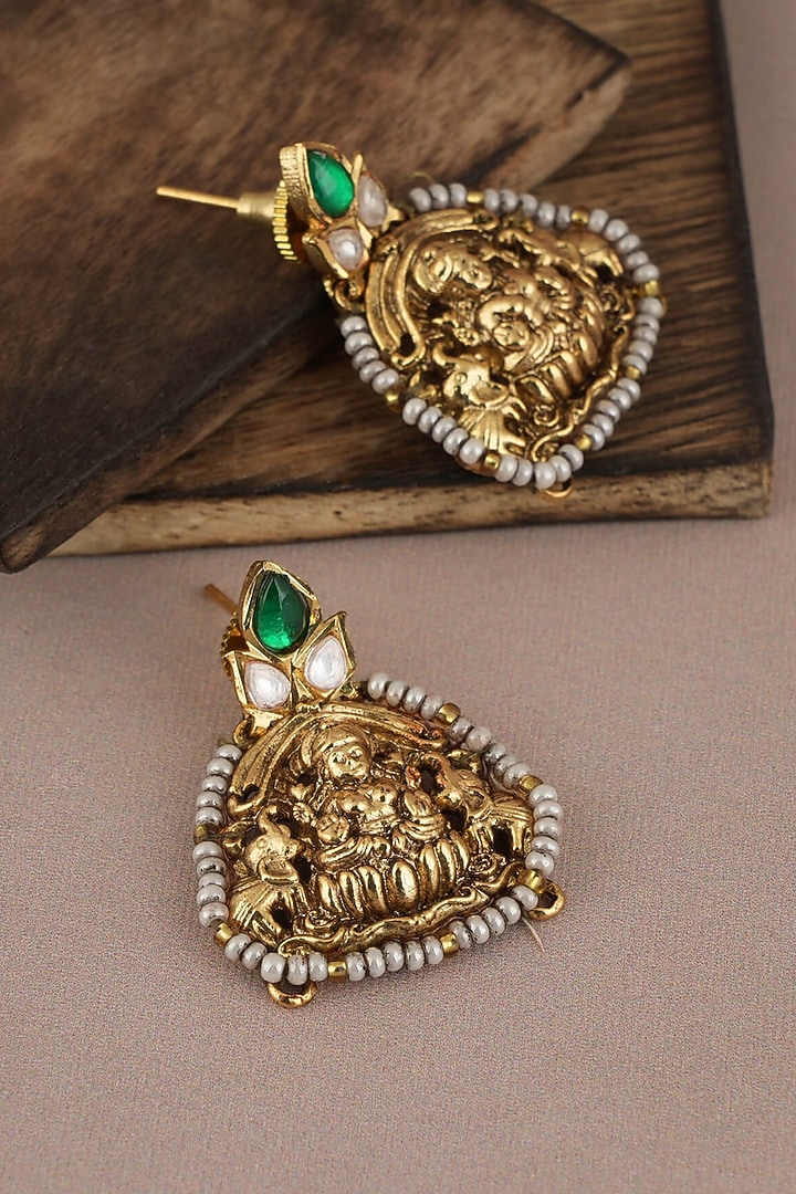 Antique Gold Finish Pearl & Green Stone Temple Dangler Earrings by SMARS JEWELRY at Pernia's Pop Up Shop