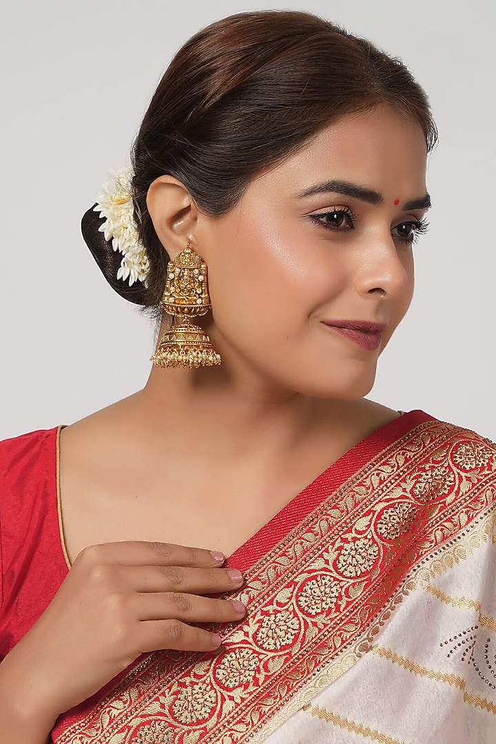 Antique Gold Finish Pearl Drop Lakshmi Temple Jhumka Earrings by SMARS JEWELRY