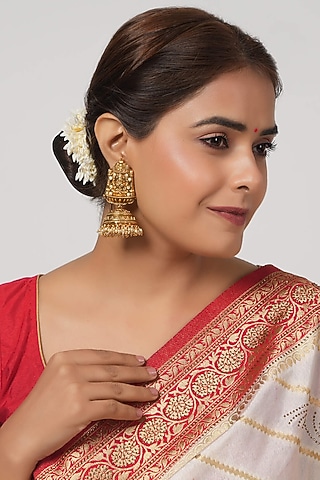 Antique Gold Finish Pearl Drop Lakshmi Temple Jhumka Earrings by SMARS JEWELRY