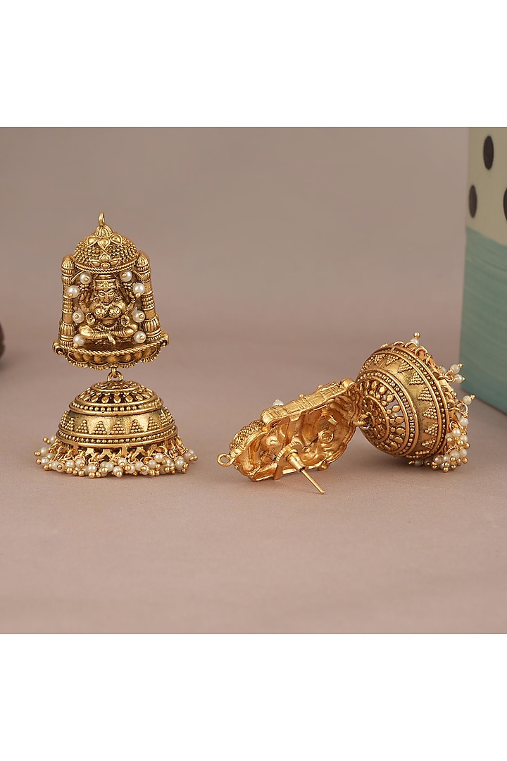 Antique Gold Finish Pearl Drop Lakshmi Temple Jhumka Earrings by SMARS JEWELRY at Pernia's Pop Up Shop