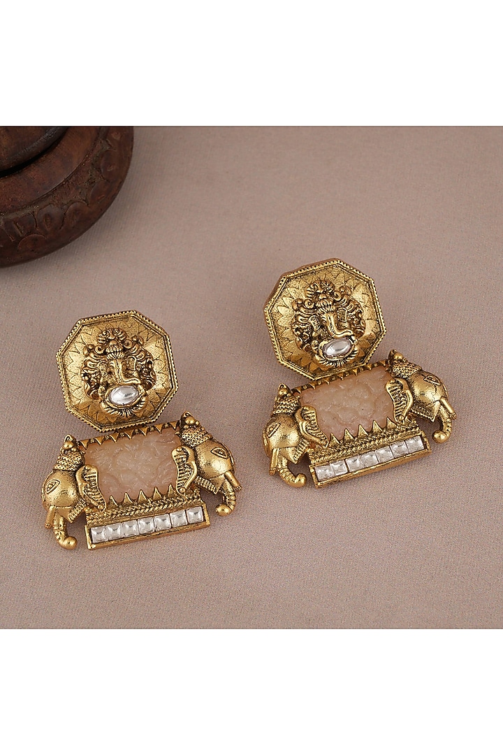 Antique Gold Finish Ganesh Temple Dangler Earrings by SMARS JEWELRY at Pernia's Pop Up Shop