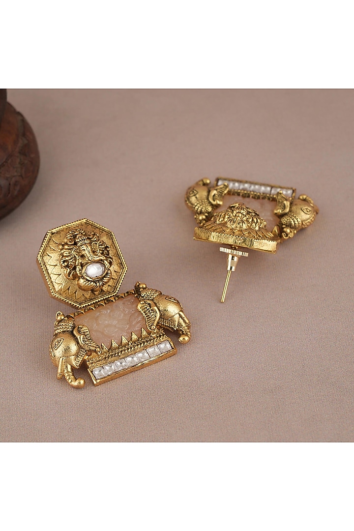 Antique Gold Finish Ganesh Temple Dangler Earrings by SMARS JEWELRY at Pernia's Pop Up Shop