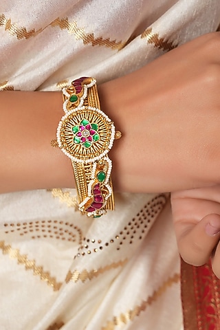 Gold Finish Kundan Polki & Green Synthetic Stone Kada by SMARS JEWELRY