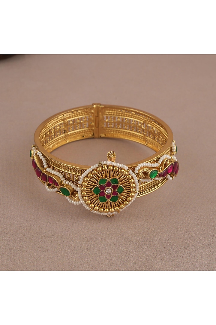 Gold Finish Kundan Polki & Green Synthetic Stone Kada by SMARS JEWELRY at Pernia's Pop Up Shop