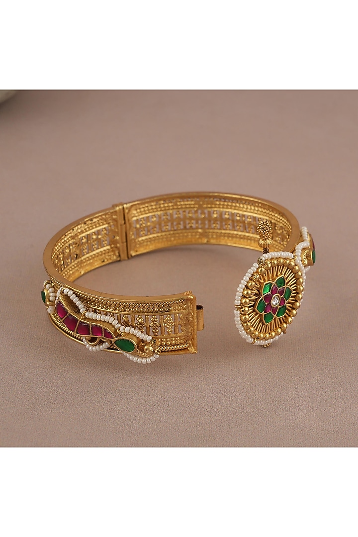 Gold Finish Kundan Polki & Green Synthetic Stone Kada by SMARS JEWELRY at Pernia's Pop Up Shop
