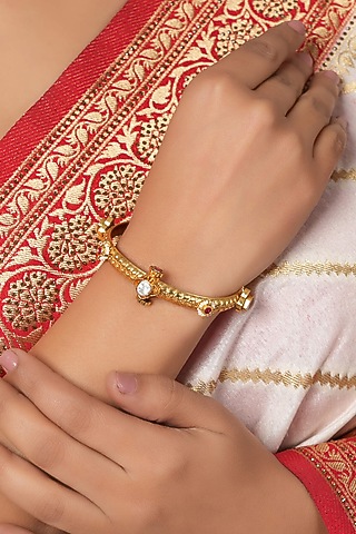 Gold Finish Kundan Polki Sleek Openable Kada by SMARS JEWELRY