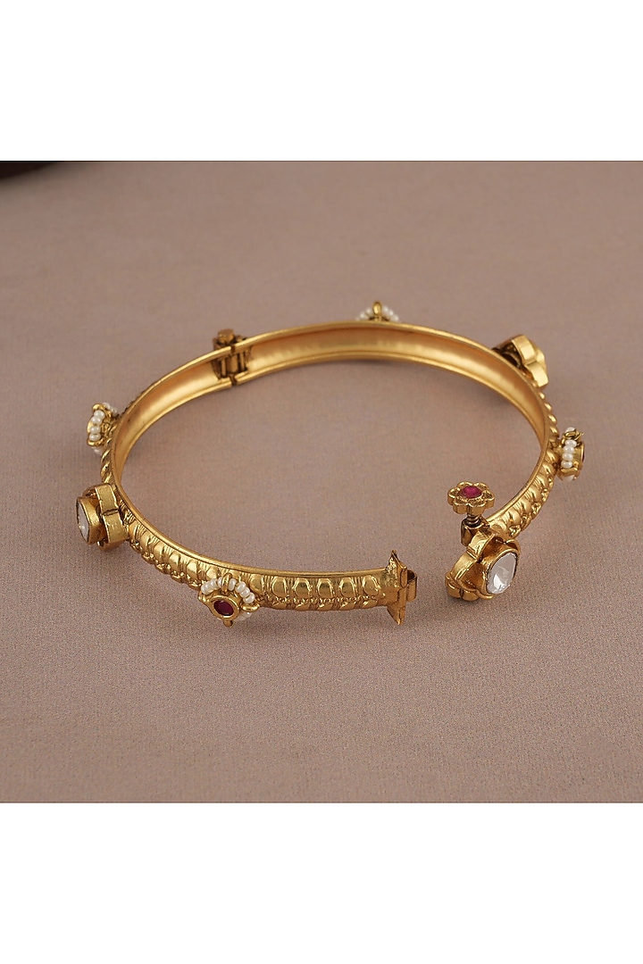 Gold Finish Kundan Polki Sleek Openable Kada by SMARS JEWELRY at Pernia's Pop Up Shop