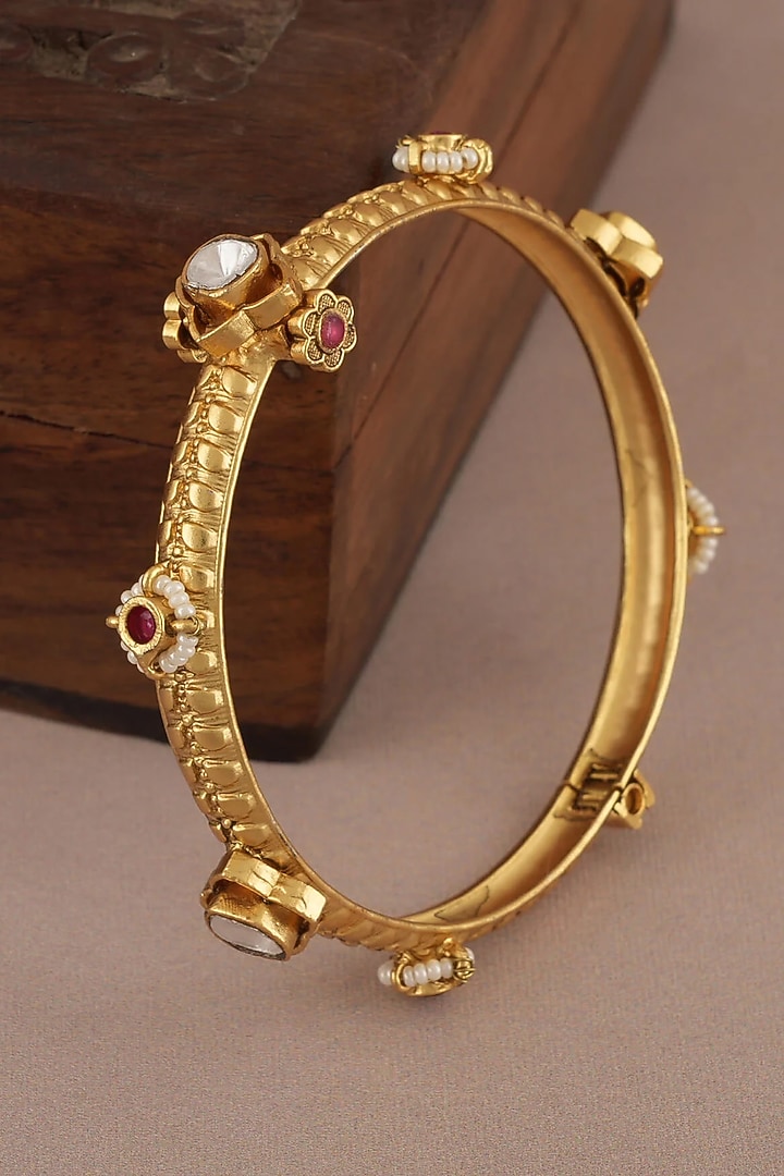 Gold Finish Kundan Polki Sleek Openable Kada by SMARS JEWELRY at Pernia's Pop Up Shop