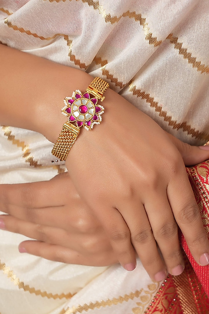Gold Finish Ruby & Pearl Floral Kada by SMARS JEWELRY