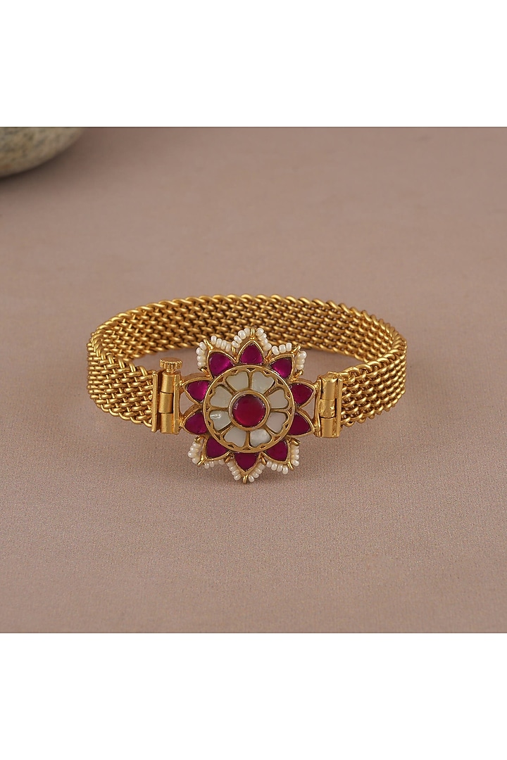 Gold Finish Ruby & Pearl Floral Kada by SMARS JEWELRY at Pernia's Pop Up Shop