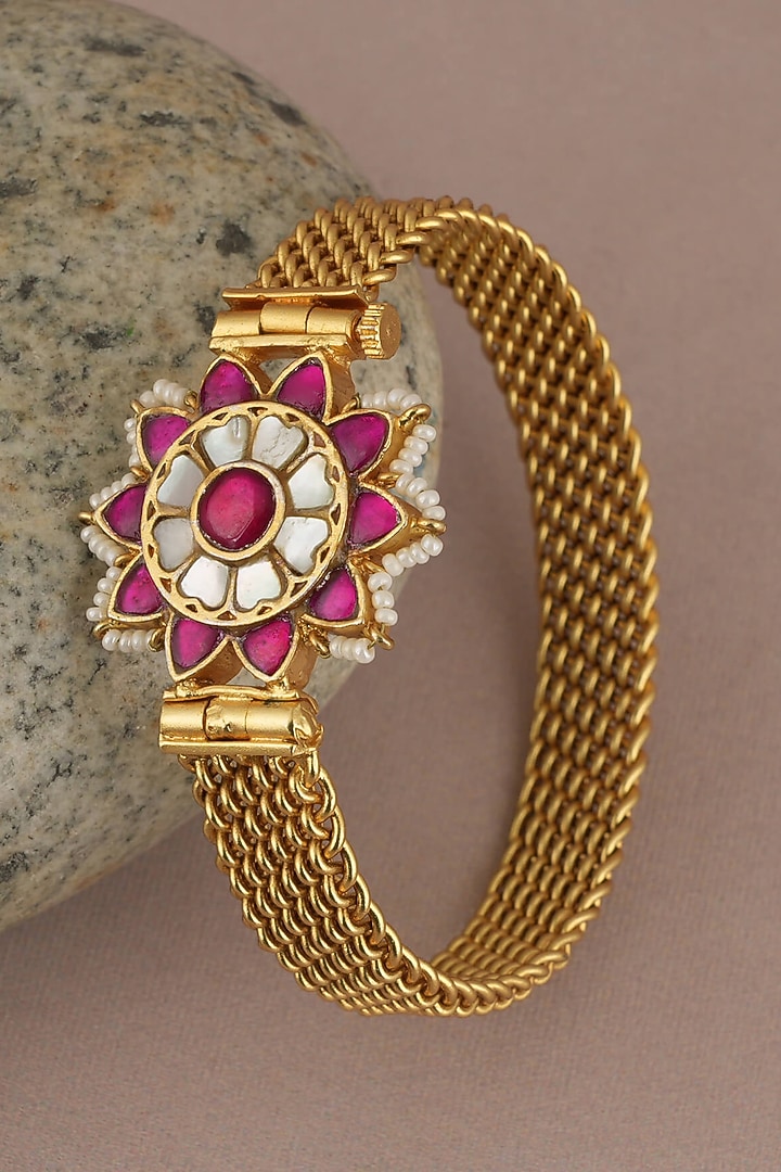 Gold Finish Ruby & Pearl Floral Kada by SMARS JEWELRY at Pernia's Pop Up Shop