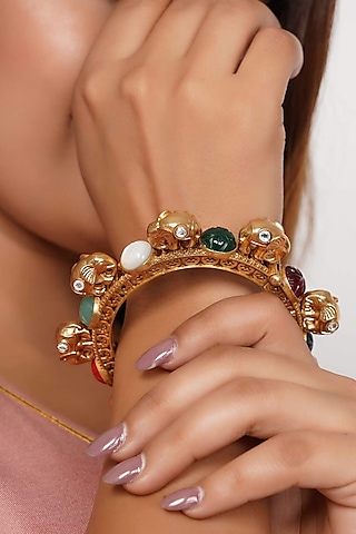 Gold Finish Multi-Colored Synthetic Stone Elephant Kada by SMARS JEWELRY
