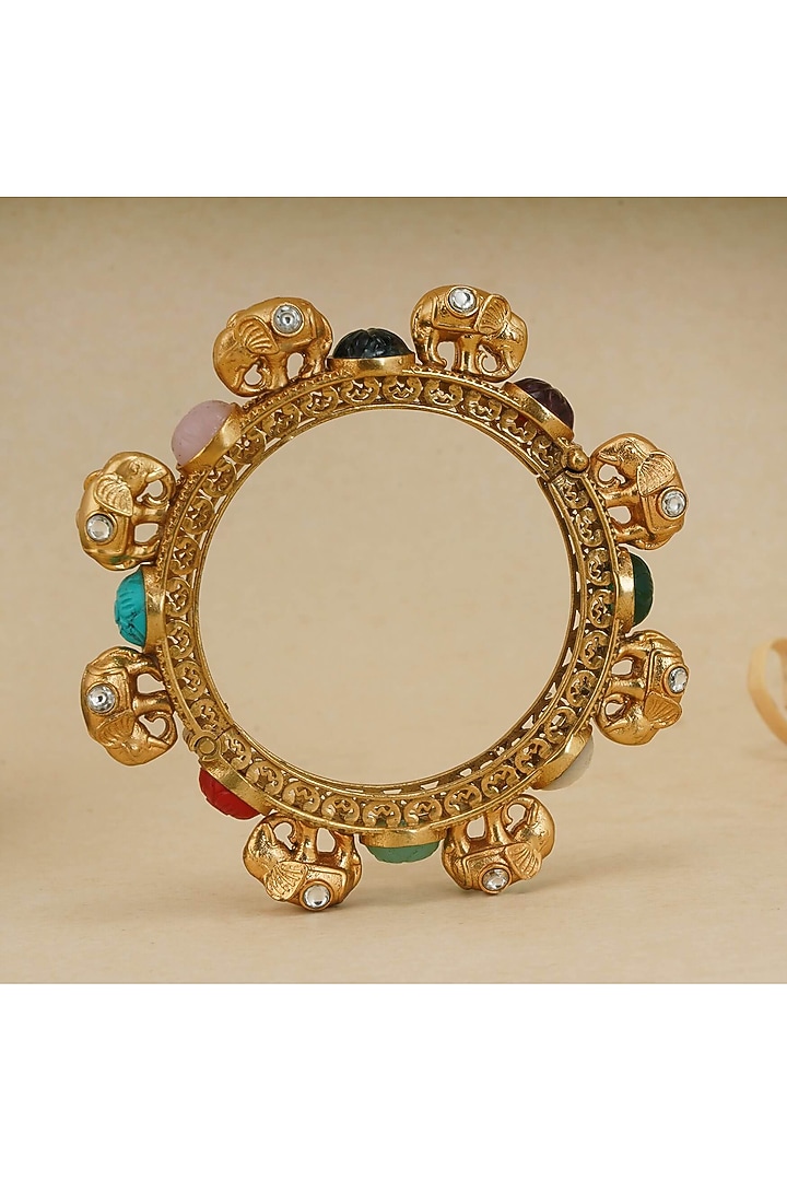 Gold Finish Multi-Colored Synthetic Stone Elephant Kada by SMARS JEWELRY at Pernia's Pop Up Shop