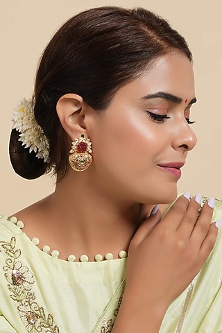 Gold Finish Kundan Polki & Red Synthetic Stone Dangler Earrings by SMARS JEWELRY