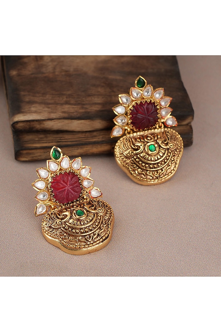Gold Finish Kundan Polki & Red Synthetic Stone Dangler Earrings by SMARS JEWELRY at Pernia's Pop Up Shop