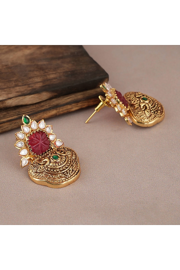 Gold Finish Kundan Polki & Red Synthetic Stone Dangler Earrings by SMARS JEWELRY at Pernia's Pop Up Shop