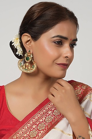 Gold Finish Kundan Polki & Green Stone Chandbali Earrings by SMARS JEWELRY
