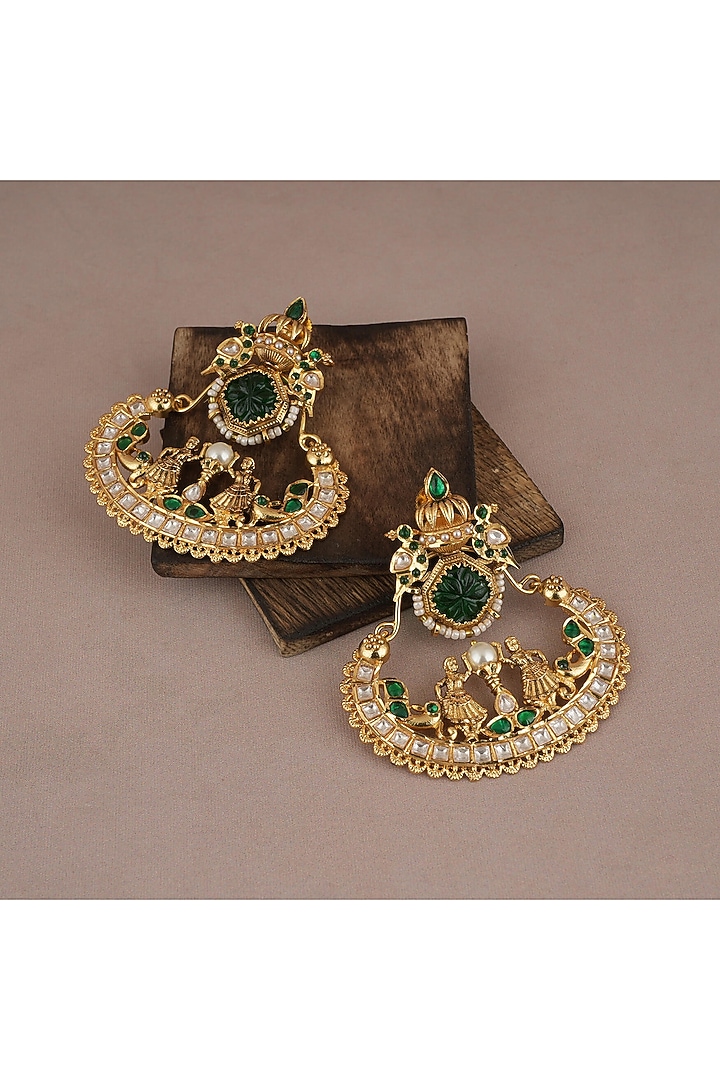 Gold Finish Kundan Polki & Green Stone Chandbali Earrings by SMARS JEWELRY at Pernia's Pop Up Shop
