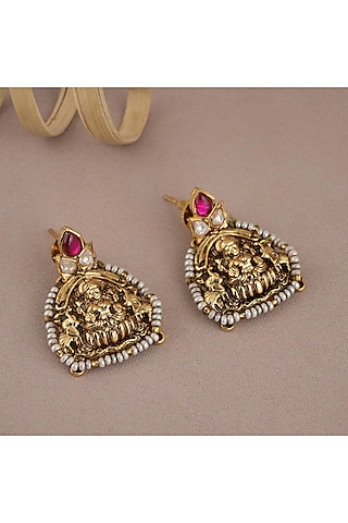 Antique Gold Finish Pearl & Red Stone Temple Dangler Earrings by SMARS JEWELRY