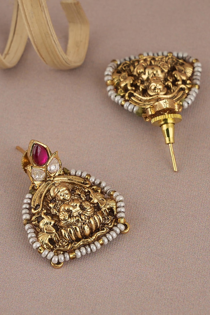 Antique Gold Finish Pearl & Red Stone Temple Dangler Earrings by SMARS JEWELRY at Pernia's Pop Up Shop