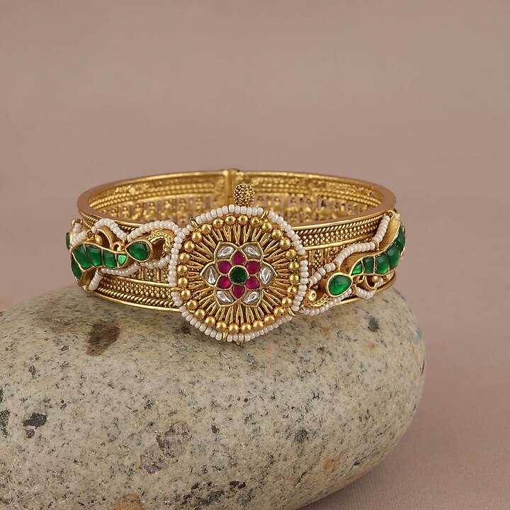 Gold Finish Kundan Polki & Ruby Peacock Kada by SMARS JEWELRY at Pernia's Pop Up Shop