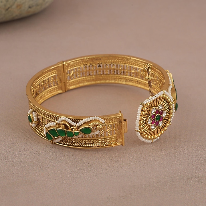 Gold Finish Kundan Polki & Ruby Peacock Kada by SMARS JEWELRY at Pernia's Pop Up Shop