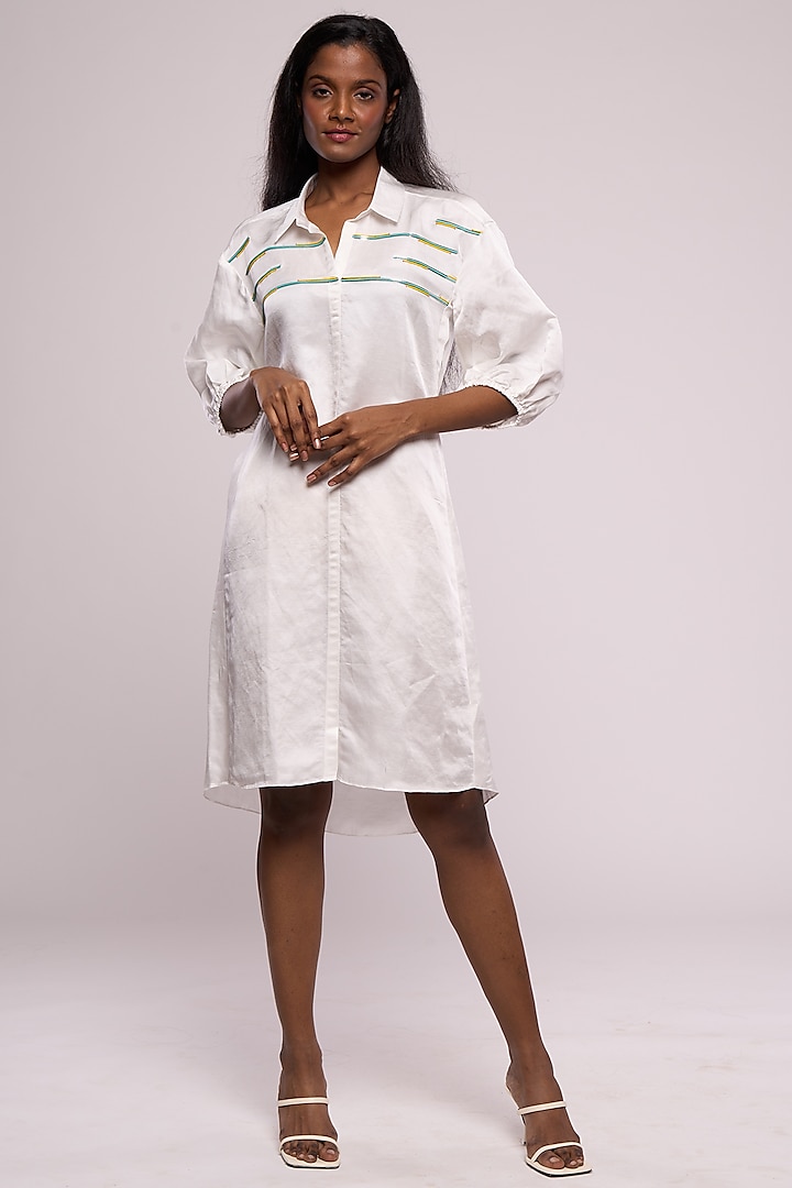 White Satin Linen Embroidered Shirt Dress by Mayu Kothari