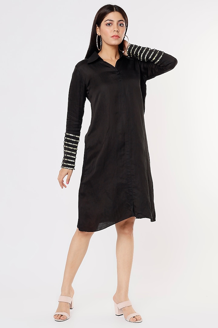 Black Satin Linen Shirt Dress by Mayu Kothari