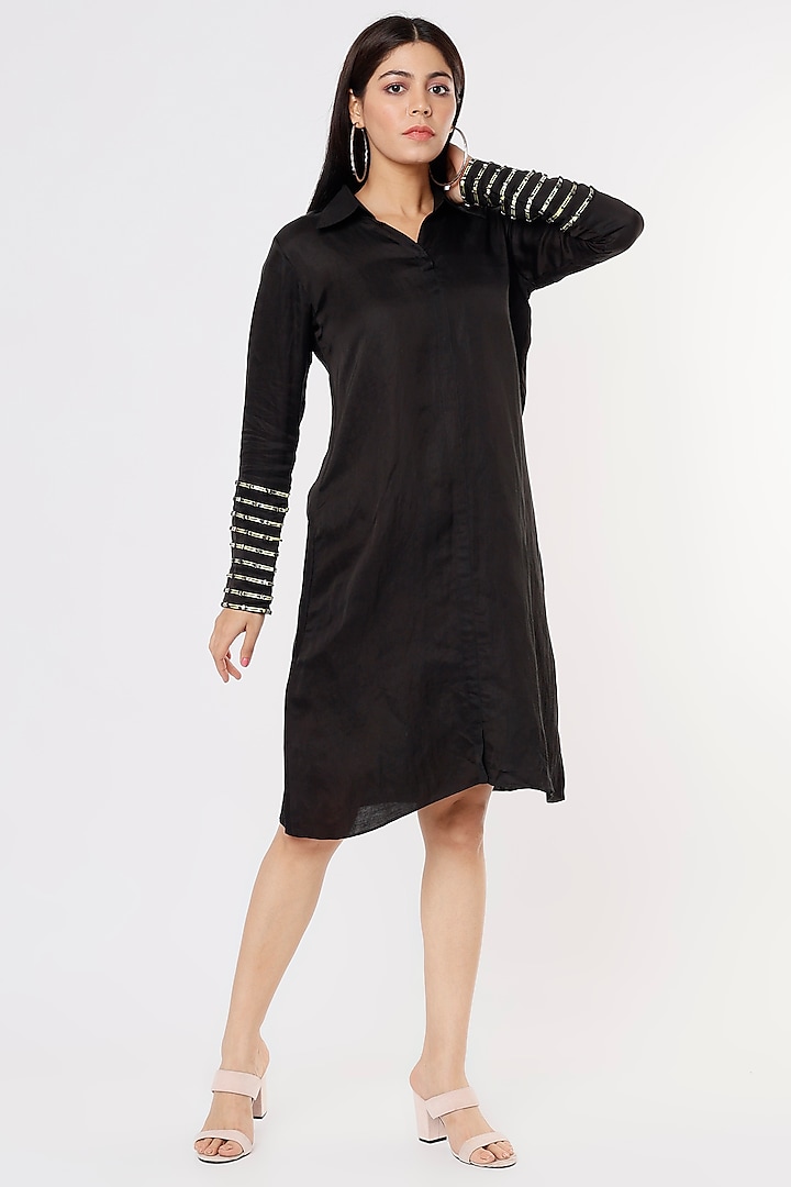 Black Satin Linen Shirt Dress by Mayu Kothari at Pernia's Pop Up Shop