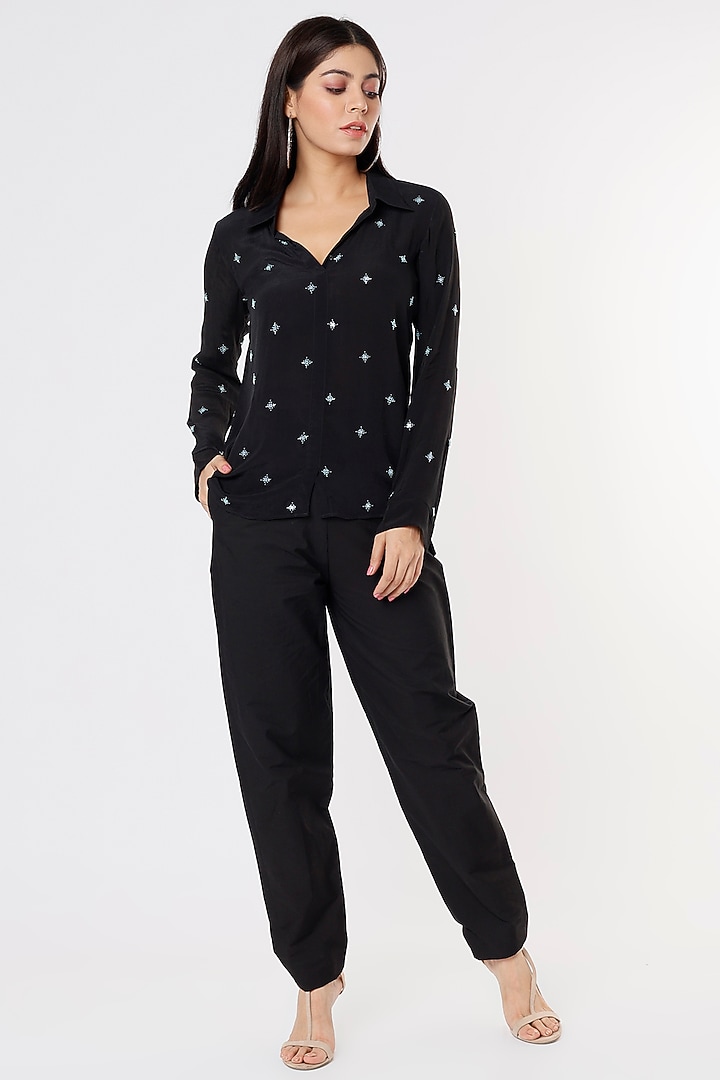 Black Crepe Embroidered Shirt by Mayu Kothari at Pernia's Pop Up Shop