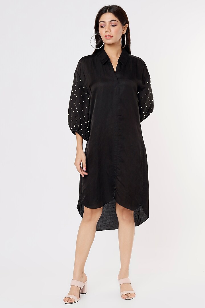 Black Satin Summer Shirt Dress by Mayu Kothari at Pernia's Pop Up Shop