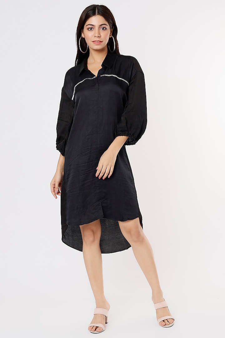Black Satin Summer Shirt Dress by Mayu Kothari at Pernia's Pop Up Shop