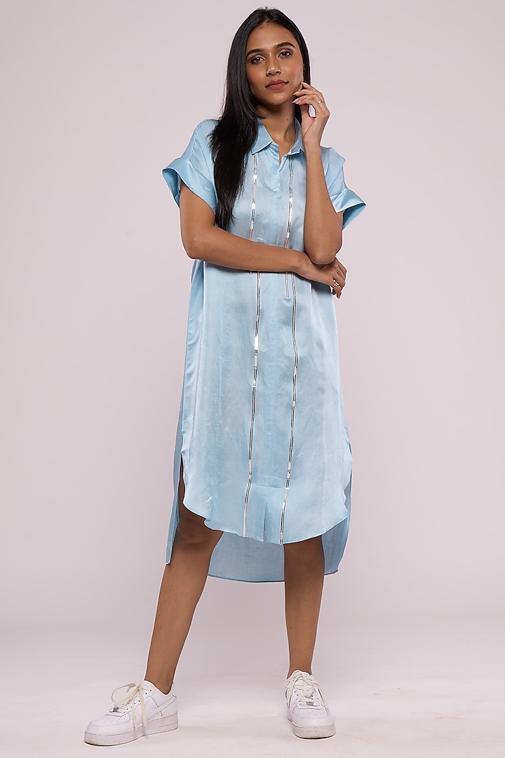 Blue Satin Linen Embroidered Shirt Dress by Mayu Kothari at Pernia's Pop Up Shop