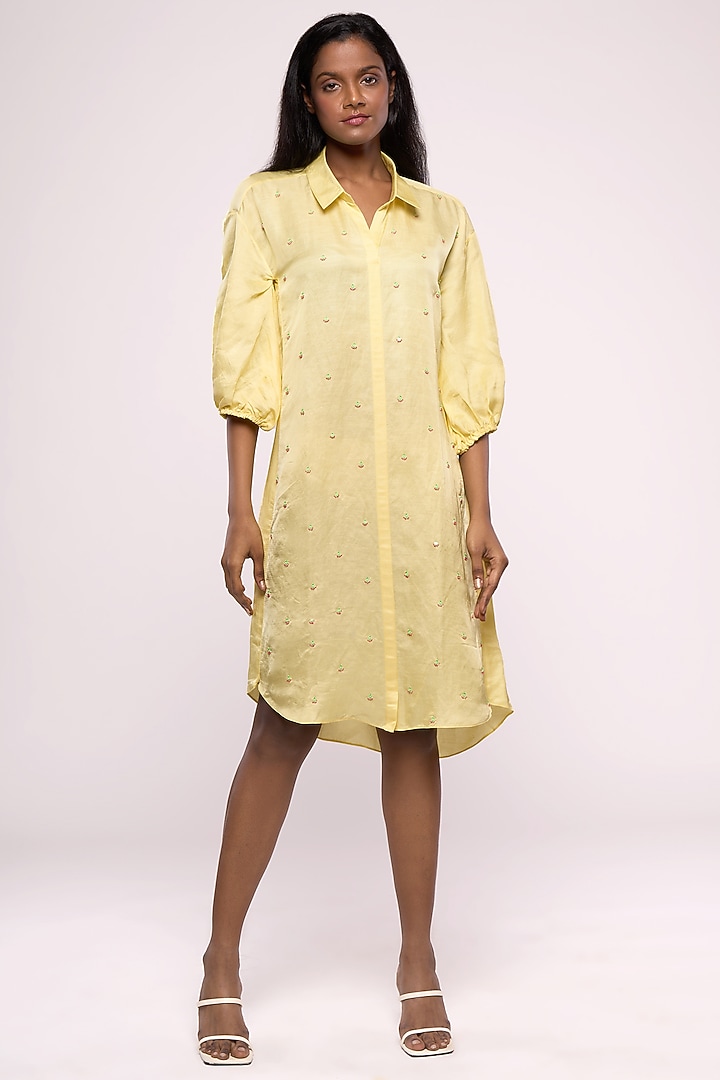 Yellow Satin Linen Embroidered Summer Shirt Dress by Mayu Kothari at  Pernia's Pop Up Shop