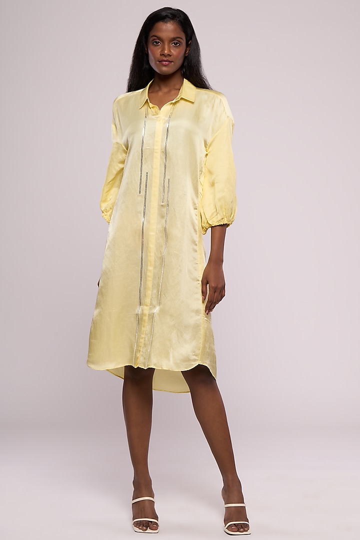 Yellow Satin Linen Embroidered Shirt Dress by Mayu Kothari