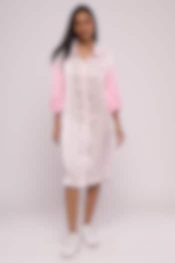 Baby Pink Satin Linen Embroidered Shirt Dress by Mayu Kothari