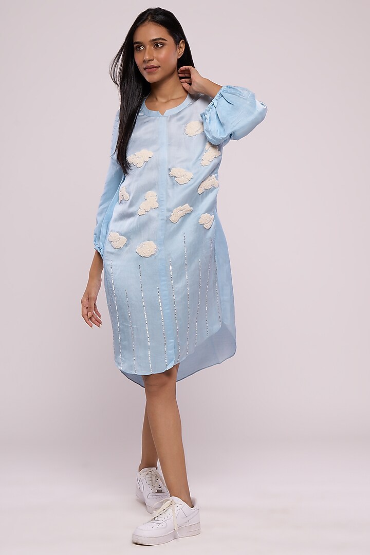 Blue Satin Linen Embroidered Shirt Dress Design by Mayu Kothari at