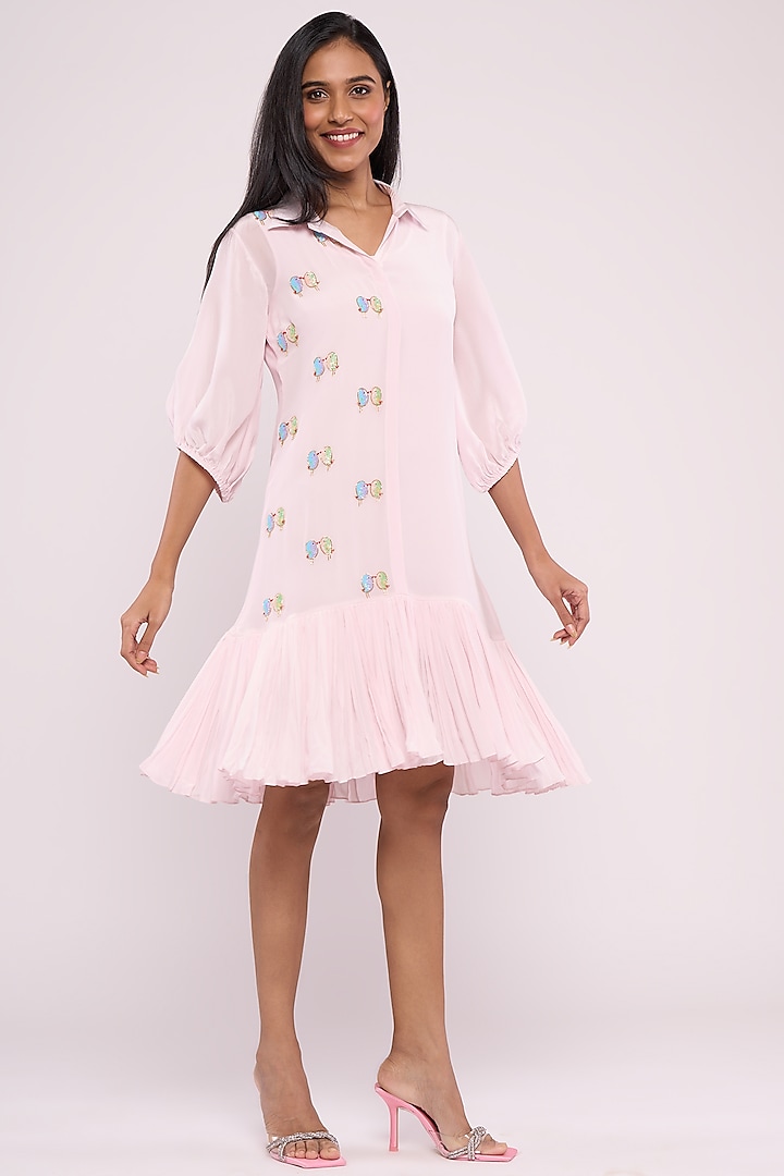 Baby Pink Pure Crepe Embroidered Shirt Dress by Mayu Kothari