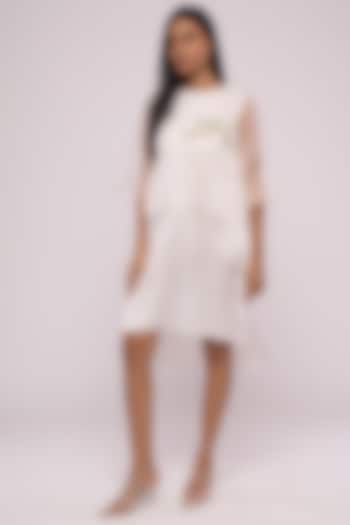 White Satin Linen & Organza Embroidered Shirt Dress by Mayu Kothari