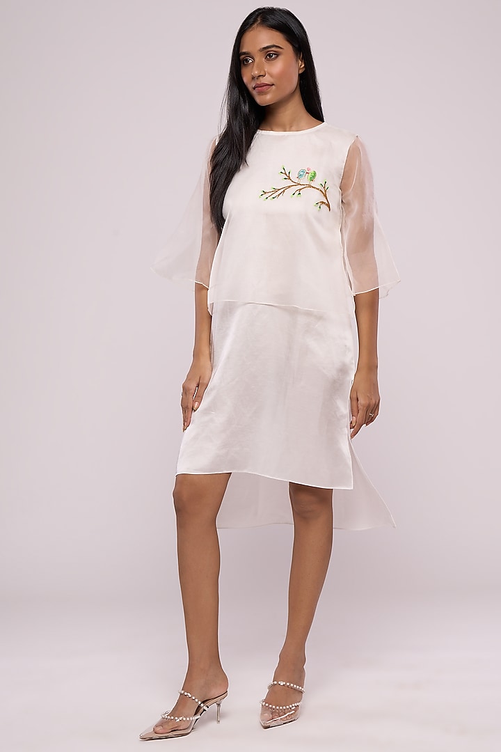 White Satin Linen & Organza Embroidered Shirt Dress by Mayu Kothari