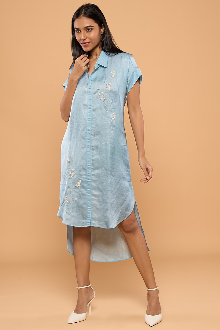 Blue Satin Linen Embroidered Shirt Dress by Mayu Kothari