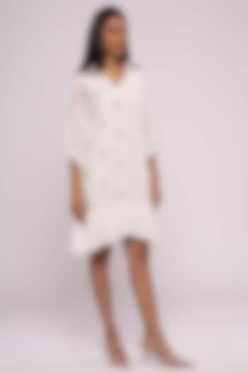 White Pure Crepe Embroidered Shirt Dress by Mayu Kothari