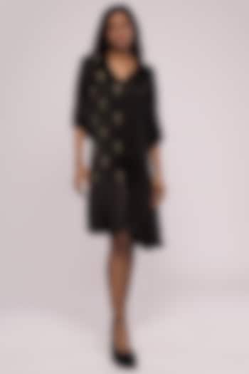 Black Pure Crepe Embroidered Shirt Dress by Mayu Kothari