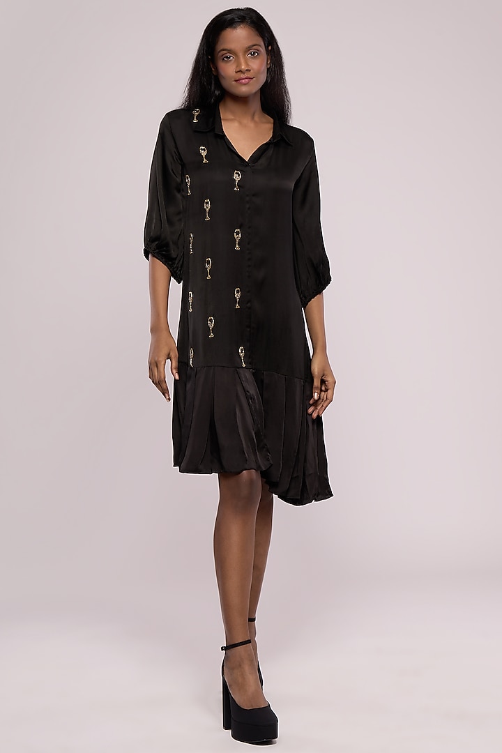 Black Pure Crepe Embroidered Shirt Dress by Mayu Kothari