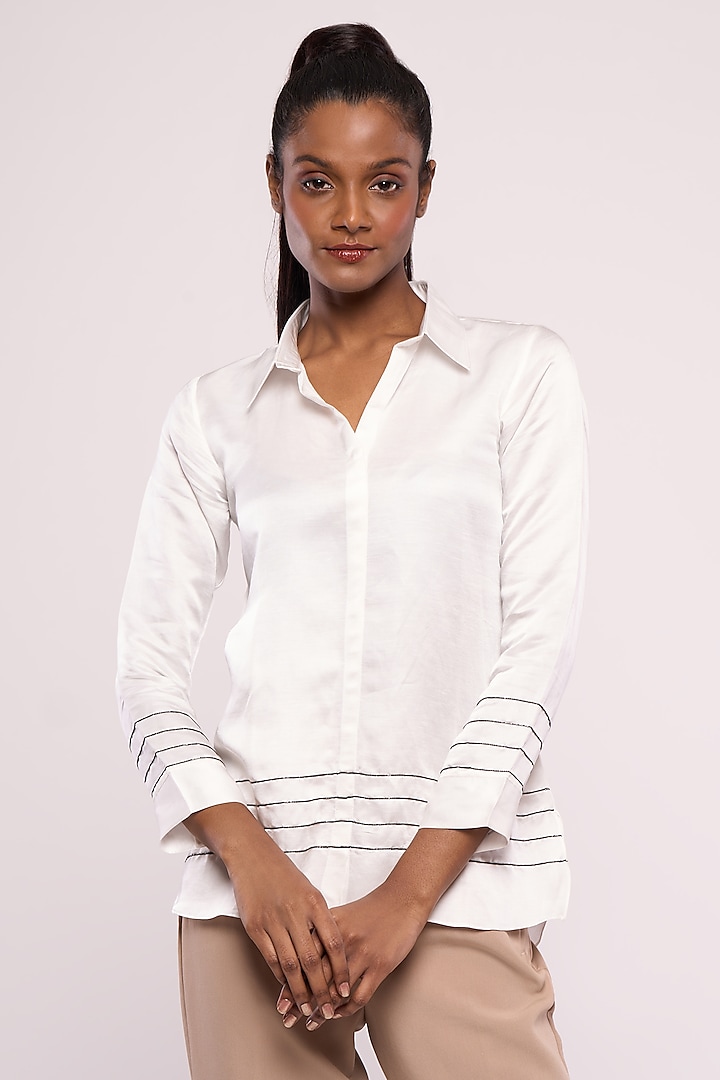 White Satin Linen Embroidered Shirt by Mayu Kothari