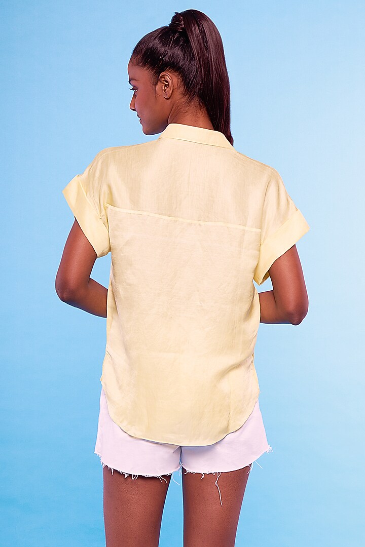 Yellow Satin Linen Embroidered Shirt by Mayu Kothari at Pernia's Pop Up Shop