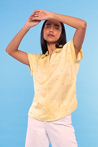 Yellow Satin Linen Embroidered Shirt by Mayu Kothari