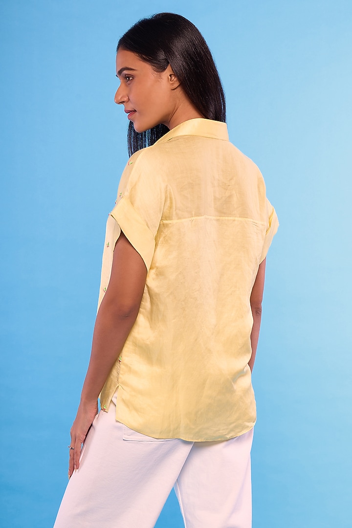 Yellow Satin Linen Embroidered Shirt by Mayu Kothari at Pernia's Pop Up Shop