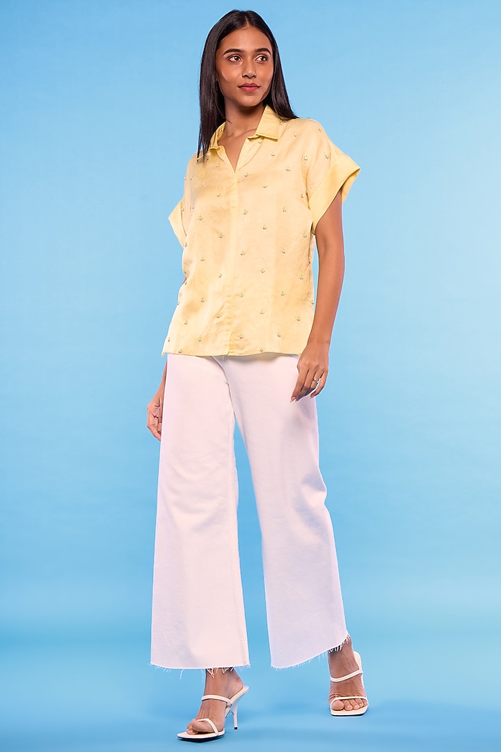 Yellow Satin Linen Embroidered Shirt by Mayu Kothari at Pernia's Pop Up Shop